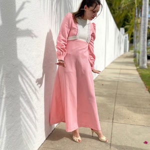 Vintage Handmade 60s/70s Maxi Dress with Daisy Lace Trim, Pink Vintage Dress, 60s Formal Evening Dress, Vintage Prom Dress, Size XS