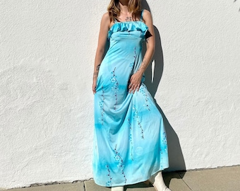 Vintage jaren 70 bloemen maxi-jurk, handgemaakte jaren 70 galajurk, jurk met bloemenprint, retro maxi-jurk, heldere kleurrijke vintage jurk, maat S