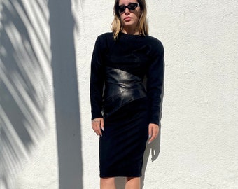 Vintage jaren '80 zwart lederen jurk, jaren '80 jurk met lange mouwen, gemaakt in de VS, vintage jurk, zwarte jurk, vintage suède jurk, bodycon jurk, maat 4