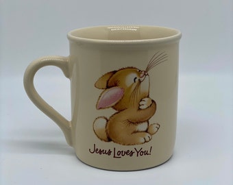 Vintage 70s/80s Jesus Loves You Coffee Mug, Jesus Loves Me Coffee Cup, Mug with Bunny Rabbit Tea Drinking Vintage Drinkware Barware Gift Mug