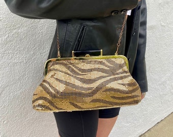 Vintage Gold Sequin BEBE Crossbody Purse, Vintage Evening Bag, Vintage Purse, Small Purse, Metal Mesh Gold Black Zebra Vintage Crossbody Bag