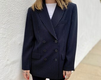 Vintage Y2K Oversized Pinstriped Blazer, Y2K Corporate Office Jas, Double Breasted Vintage Blazer, Womens Blazer, Basic Blazer, Maat 10