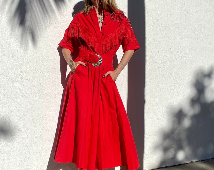 Vintage 80's Western Inspired Dress, Red Cowgirl Dress With Fringe, 80s ...