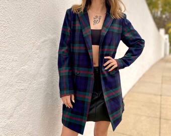 Vintage 90s Tartan Blazer, Oversized Vintage Blue Plaid Blazer, Double Breasted Vintage Blazer, Womens Blazer, Size Medium