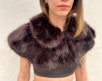 Vintage Faux Fur Detachable Collar, Vintage Fur Shrug Bolero, Vintage Accessories, Removable Collar, Brown Fur Collar For Sweater or Jacket