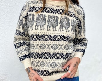 Vintage 100% WOOL Sweater, Andean Design Pullover Sweater, Hand Knit Boho Cozy Knit Sweater for Cold Weather, Unique Handmade Gift, Small