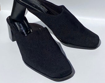 Vintage 90er Jahre schwarze Mules mit quadratischem Zehenbereich, 90er/2000er Jahre minimalistische Vintage schwarze Kitten Heels, Slip-on-Schuhe, Easy Spirit, Blockabsatz, Größe 7