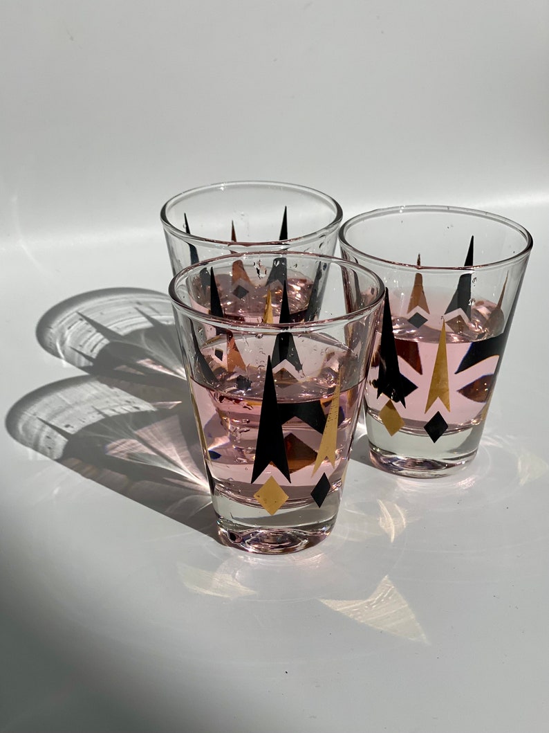 Vintage Anchor Hocking Golden Peaks MCM Atomic Glasses, Set of 3, Tall Shot Glasses, Mid Century Barware, Golden Peaks Glasses image 1