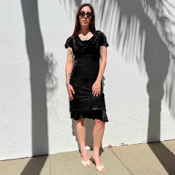 Vintage 90s Black Crushed Velvet Burnout Dress - Cowl Neck Evening Dress | Gothic Y2K Party Dress | Special Occasion | CDC Brand | Size 6 Vintage 90s Black Crushed Velvet Burnout Dress - Cowl Neck Evening Dress | Gothic Y2K Party Dress | Special Occasion | CDC Brand | Size 6