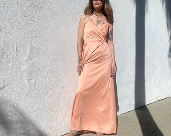 Vintage 70s Style Maxi Dress, Hand Made 70s Prom Dress, Peach Dress, Retro Maxi Dress, Pastel Vintage Dress, Virgin Suicides Dress, Size S