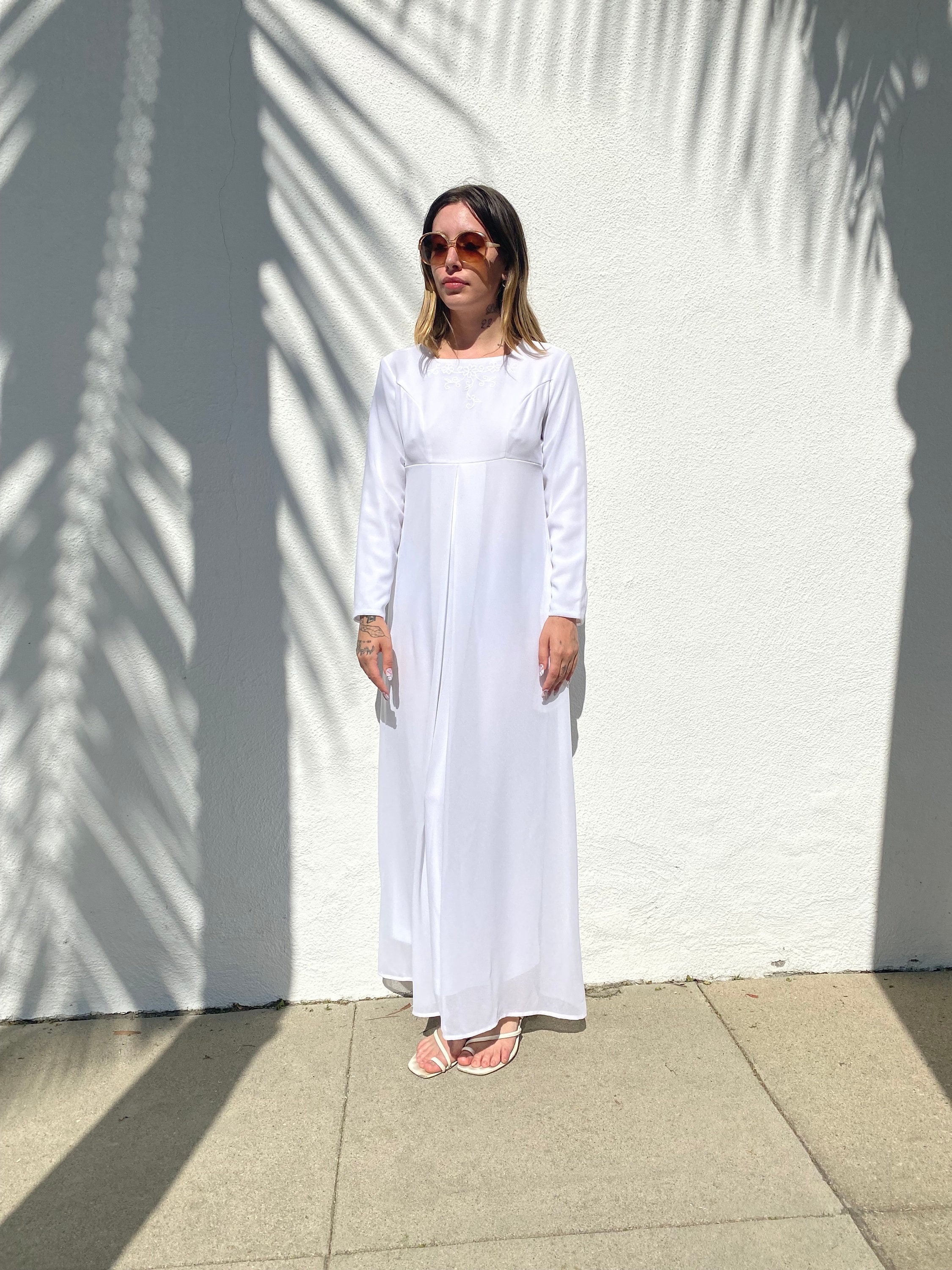 White Square Neck Long Sleeve Empire Waist Dress - Etsy