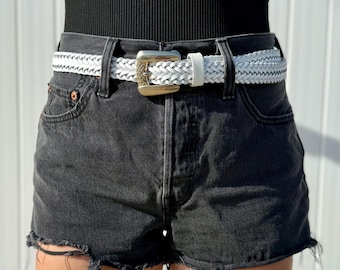 Vintage White Braided Leather Belt – Long Boho Western Belt with Gold Buckle | Woven Leather Belt | Festival Cowgirl Style