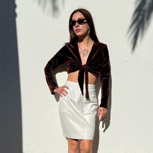 Vintage 90s Brown Velvet Tie Front Crop Top by STELLA | Made in USA Minimalist Long Sleeve Blouse | Sexy Plunge Clubwear Party Shirt