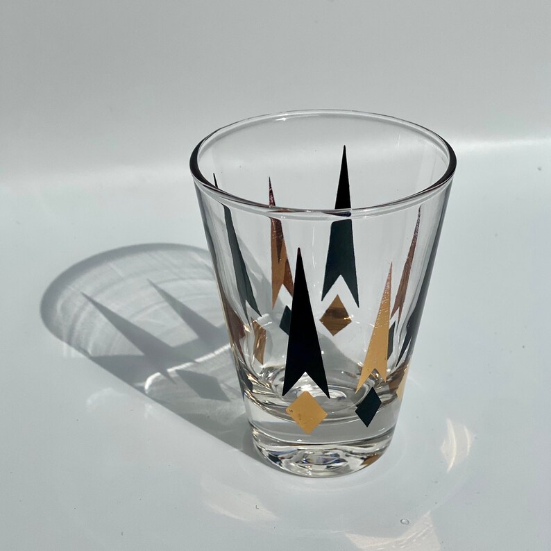 Vintage Anchor Hocking Golden Peaks MCM Atomic Glasses, Set of 3, Tall Shot Glasses, Mid Century Barware, Golden Peaks Glasses image 3