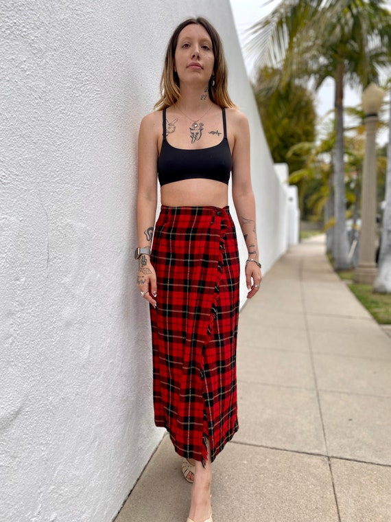 Vintage 90s Red Plaid Maxi Skirt, 1990s Plaid Skir