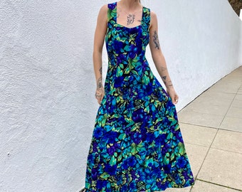 Vintage 90's All That Jazz Floral Print Dress, 1990's Floral Print Maxi Dress, Vintage Dress, Spring Summer Dress, Tropical Print Dress, S