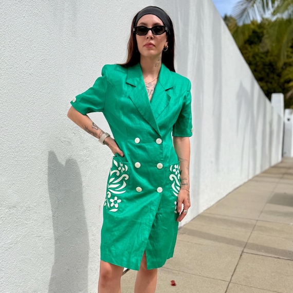 bright green blazer dress Dark green linen lapel collar blazer dress with light green one side k –  HTKD Apparels Private Limited