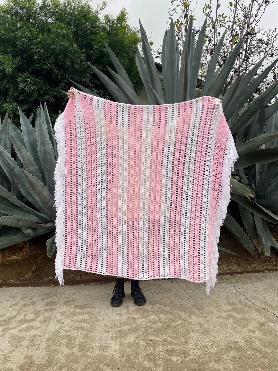 Vintage Crochet Throw Blanket Handmade Pink and White Retro Etsy