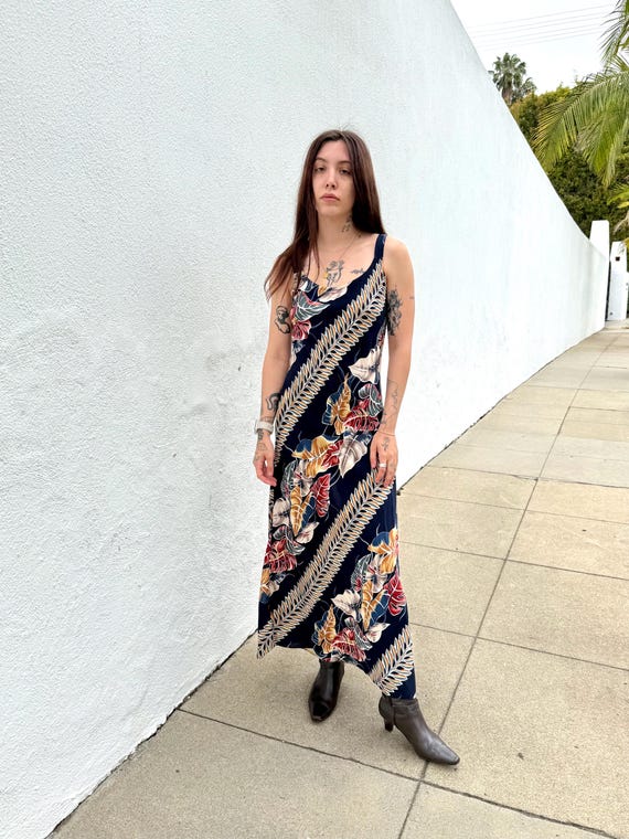 Vintage 90s Tropical Print Maxi Dress, Long Navy Blue Sleeveless Dress, Slip Dress With Palm Frans, Summer Vacation Dress, Vintage Clothing - Etsy Vintage 90s Tropical Print Maxi Dress, Long Navy Blue Sleeveless Dress, Slip Dress With Palm Frans, Summer Vacation Dress, Vintage Clothing - Etsy