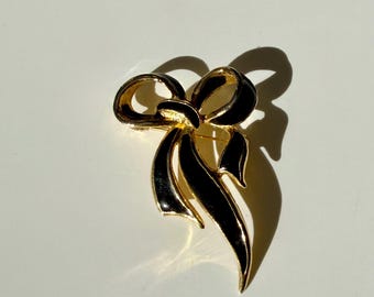Broche de lazo negro y dorado / Pin vintage llamativo / Joyería retro elegante