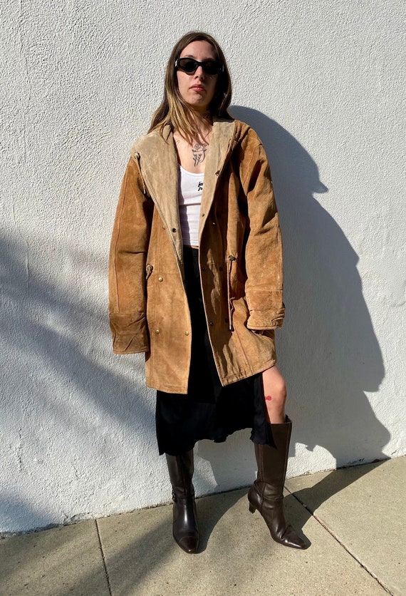 Vintage 90s Brown Suede Leather Parka, 1990s Overs