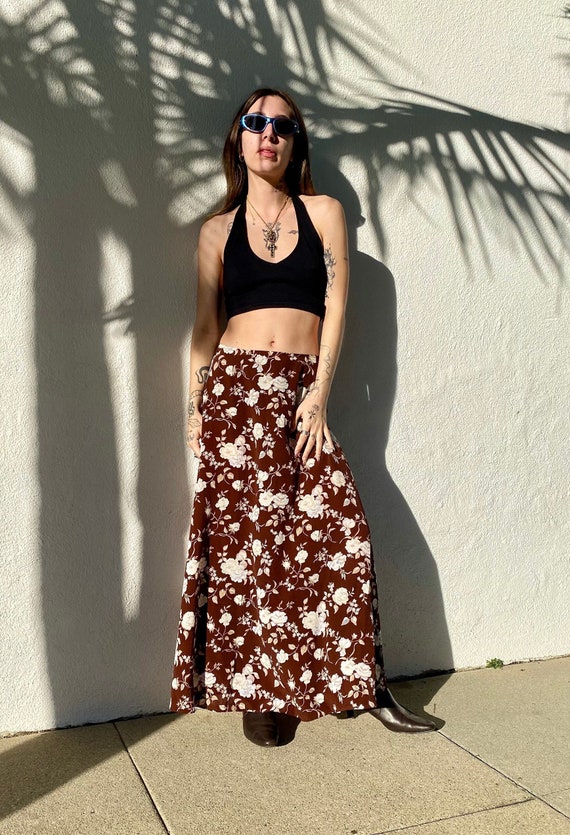 Vintage 90s Floral Print Maxi Skirt, Brown Maxi S… - image 1