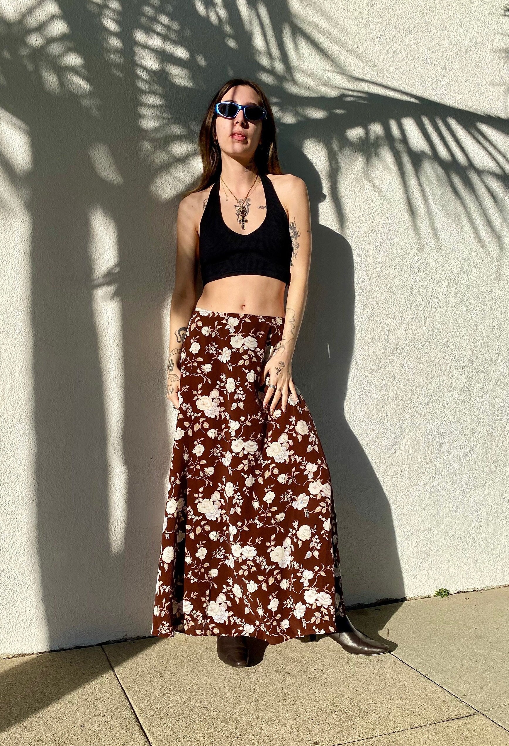 Brown floral maxi skirt sale