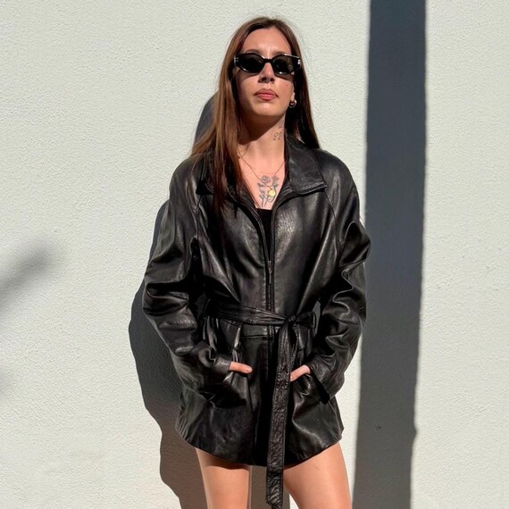Vintage 90s Black Leather Trench, Short Leather Jacket Vintage 90s Black Leather Trench, Short Leather Jacket