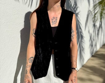 Vintage SILK zwart geplet fluwelen hemd | Mouwloze top | Gothic grunge fluwelen gilet | Minimalistisch fluwelen hemd | Gemaakt in de VS | Maat M