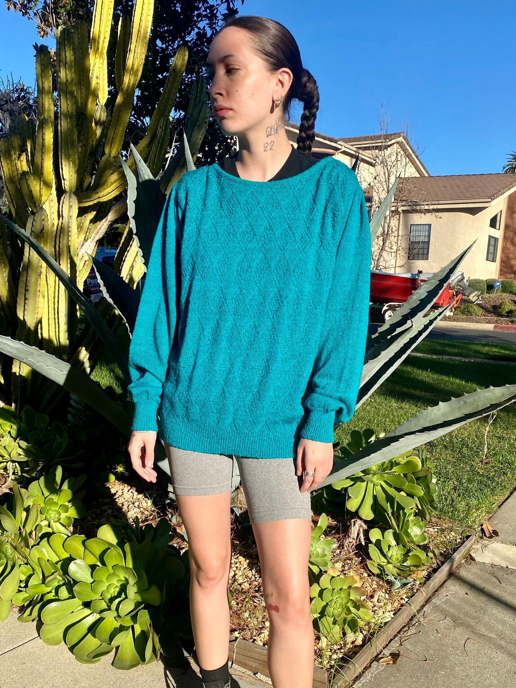 Vintage 80s 90s Teal Sweater Oversized 