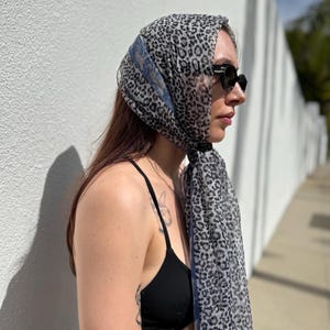 Vintage Leopard Print Sheer Scarf, Blue & Grey Printed Scarf with Leopards, Long Neck Scarf, Wear it Over Your Baseball Hat, Festival Scarf