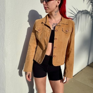 Vintage Minimalist Tan Suede Leather Jacket, 1990s BOXY Suede Jacket, BOHO Cropped Tan Suede Jacket, Genuine Leather, Size Medium