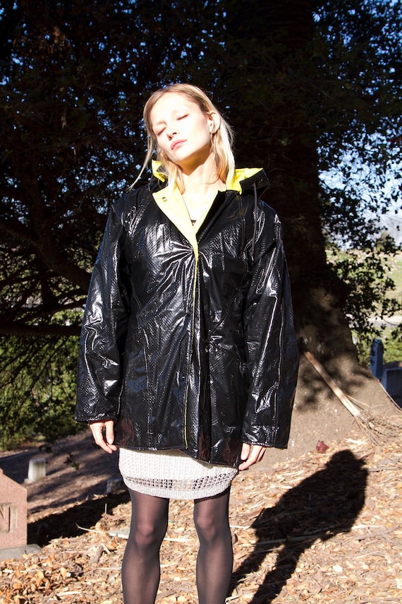 Vintage 90s shiny vinyl rain coat with drawstring