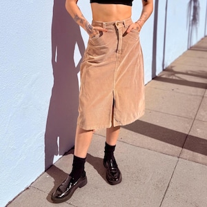 Vintage Tan Corduroy Skirt | 70s 80s Midi Skirt for Women | De Choix High Waist Fall Skirt | Neutral A-Line | Classic Autumn Outfit Staple