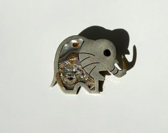 Broche de elefante de plata / Pin con incrustaciones de abulón / Joyería artesanal vintage