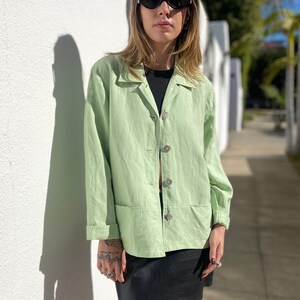 Vintage 90s Linen Jacket, Lime Green Top, Boxy Linen Shirt, Minimalist Boxy Shacket, Sustainable Womens Shirt-Jacket, Size Medium image 3