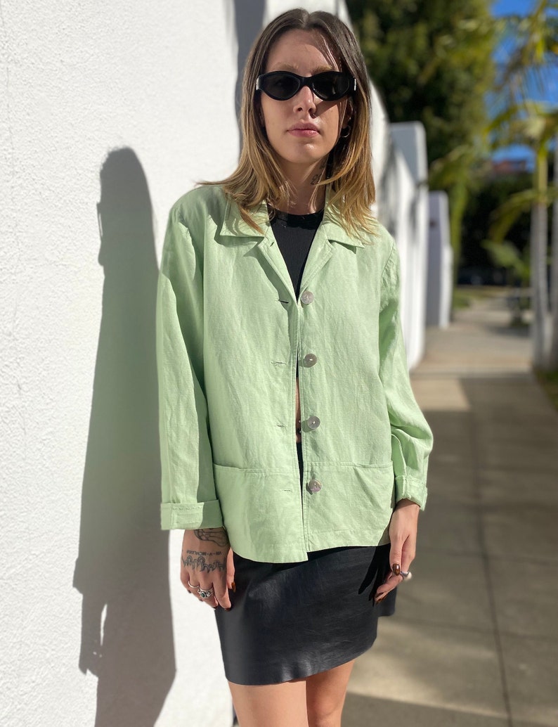 Vintage 90s Linen Jacket, Lime Green Top, Boxy Linen Shirt, Minimalist Boxy Shacket, Sustainable Womens Shirt-Jacket, Size Medium image 3