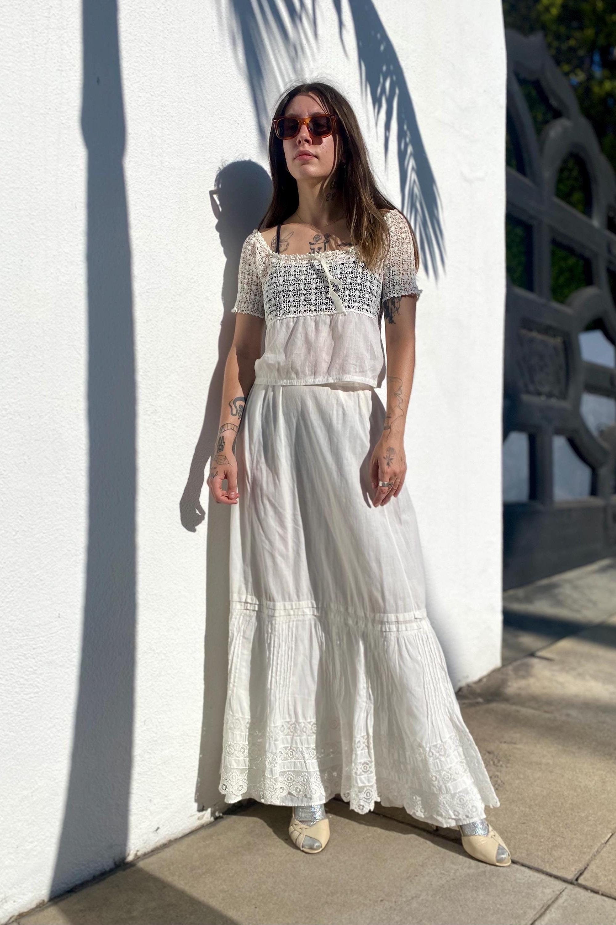 19th Hand Quilted White Cotton Skirt