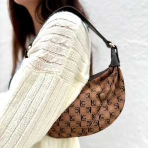 Vintage Y2K Tan Small Baguette Purse, Brown & Black Monogram Bag, Signature Logo Liz Claiborne Small Handbag, 2000s Retro Top Handle Bag