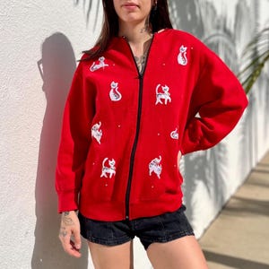 Vintage Cat Sweatshirt, Red 80s/90s Sweatshirt with Cats All Over, Made In USA, Zip Up Vintage Cat Sweatshirt, Gift for Cat Lover