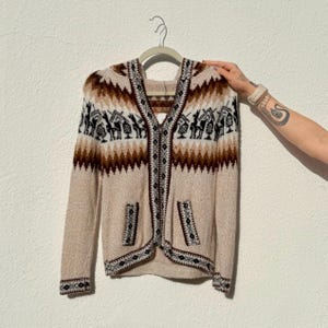 Vintage Alpaca Peruvian Cardigan Sweater, Boho Alpaca Wool ZipUp Sweater with Hood, Brown & Cream Cardigan, Womens Size XXS (or childs size)