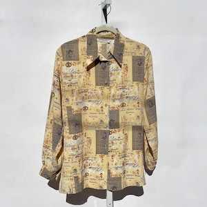 Vintage 90s Printed Button Up Blouse, French Style Printed Retro Long Sleeve Button Up Shirt, Martinique Vintage Blouse, Size 6