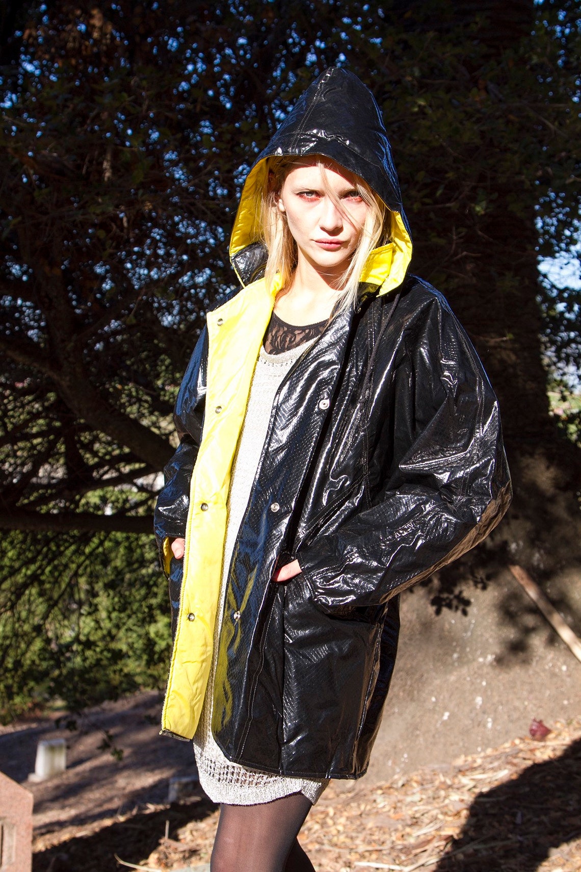 Vintage 90s shiny vinyl rain coat with drawstring hood Etsy