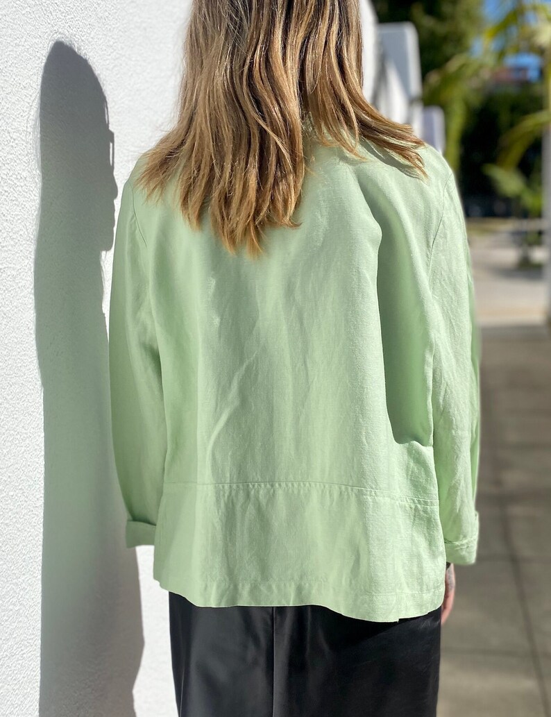 Vintage 90s Linen Jacket, Lime Green Top, Boxy Linen Shirt, Minimalist Boxy Shacket, Sustainable Womens Shirt-Jacket, Size Medium image 5