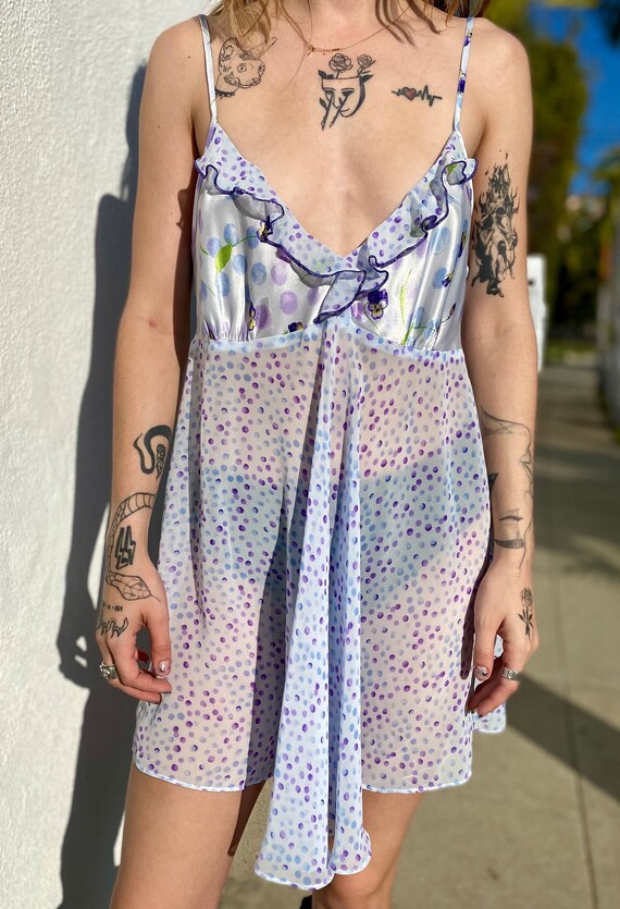 Vintage Polka Dot Sheer Nightgown with Ruffles, V… - image 2