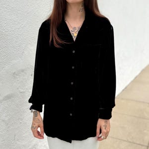Vintage 90s Black Velvet Shirt Silk Eddie Bauer Blouse | Goth Long Sleeve Button Up Top | Winter Cold Weather Grunge Clothing | Size XS