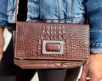 Vintage Brighton Crossbody Bag | Small Brown Croc Embossed Leather Purse | Silver Rectangle Hardware | Small Shoulder Bag