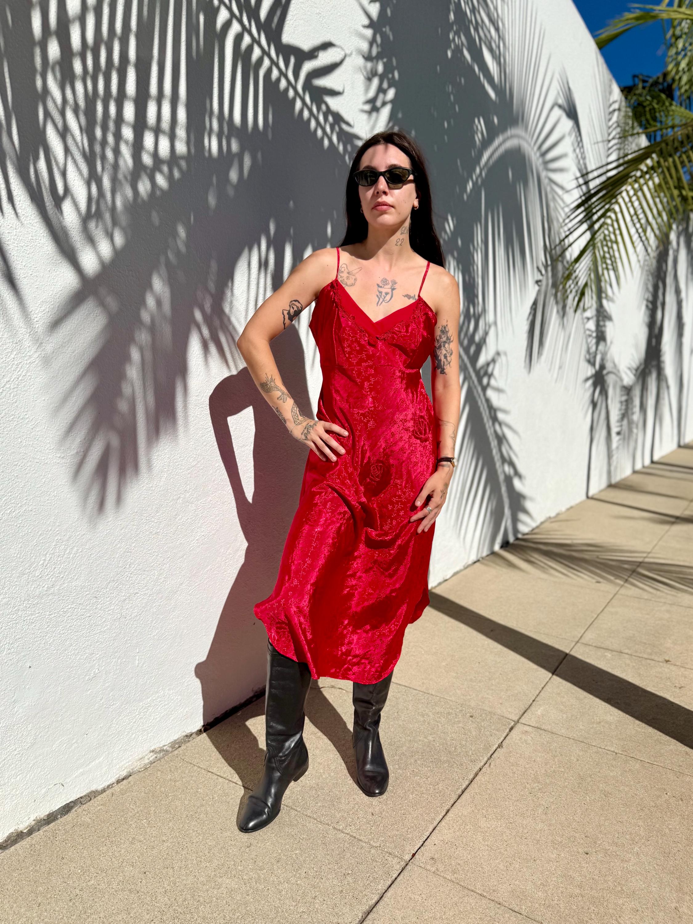 cherry red slip dress Vintage 90s Cherry Red Satin Slip Dress | Valentine's Day Gift | Large