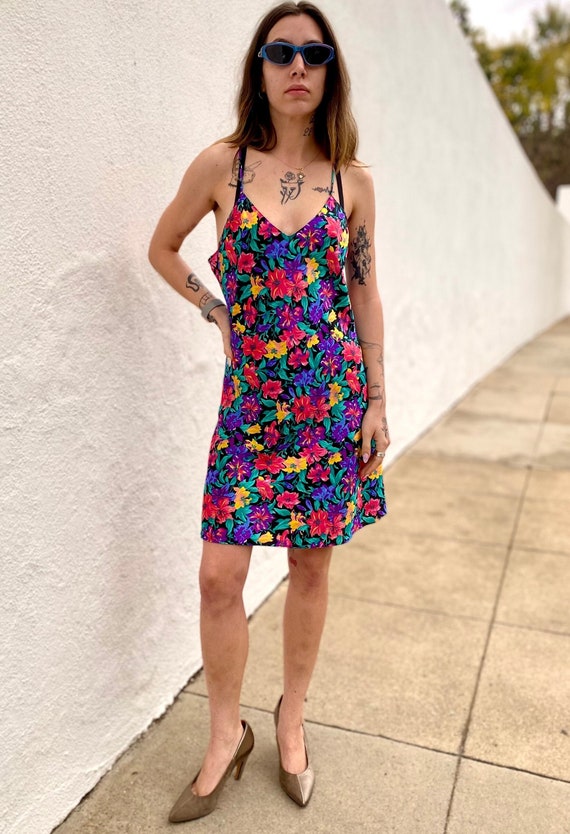 Vintage Floral Print Satin Slip Dress, Vintage Lin