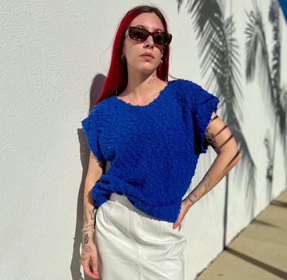 Suéter azul rey vintage de los 80, top de punto texturizado retro